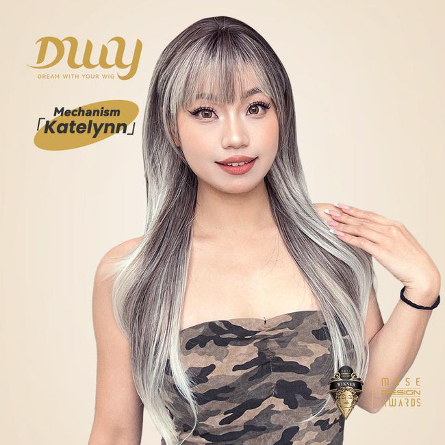 Katelynn-DWY 22-Inch Long Natural Wave Gray Gradient Brown Layered Cut Synthetic Wig