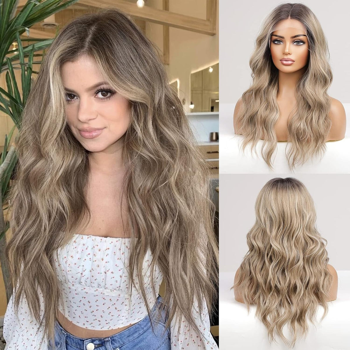 Bambi-DWY T-Part Lace Front Long Ombre Ash Blonde with Highlight Glueless Synthetic Wig