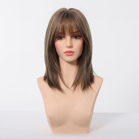 Elysia-DWY 16-Inch Brown Layered Wig with Highlights and Air Bangs - Glueless Synthetic for Women