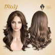 A front and back view of the medium-brown wavy hair wig on a mannequin head, side-by-side. It displays the hairstyle from both angles. The DWY Dream With Your Wig logo and Muse Design Awards badge are at the top.