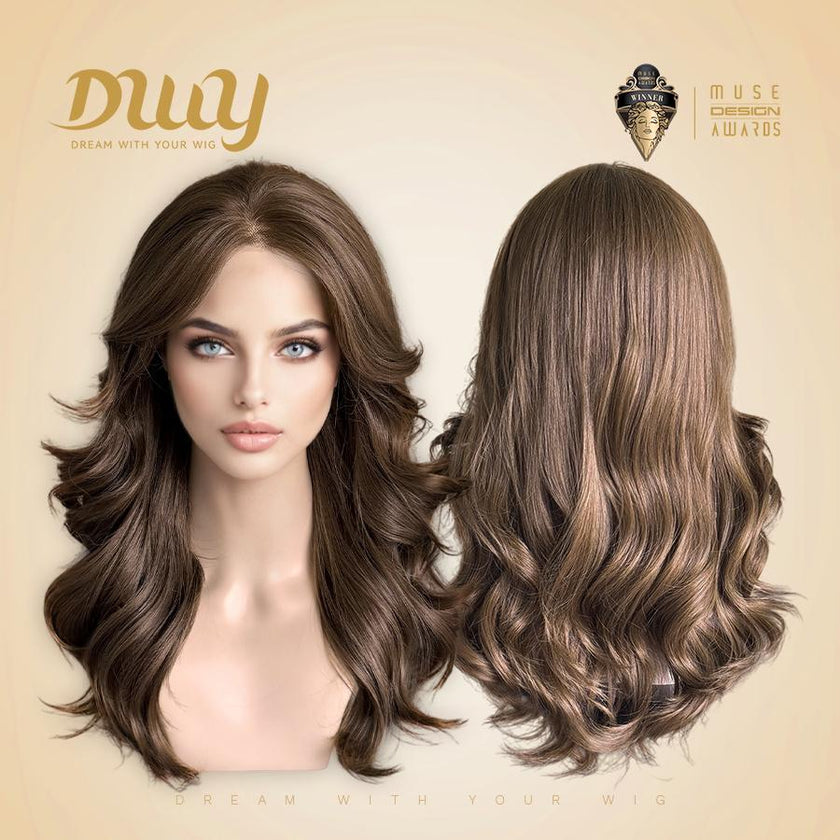 A front and back view of the medium-brown wavy hair wig on a mannequin head, side-by-side. It displays the hairstyle from both angles. The DWY Dream With Your Wig logo and Muse Design Awards badge are at the top.