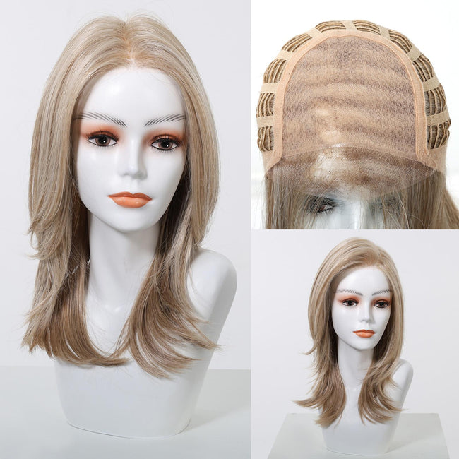 Addison-DWY 16-Inch Glueless Skin Weft Mono Lace Front Synthetic Wig - Mid-Length Brown with Highlights
