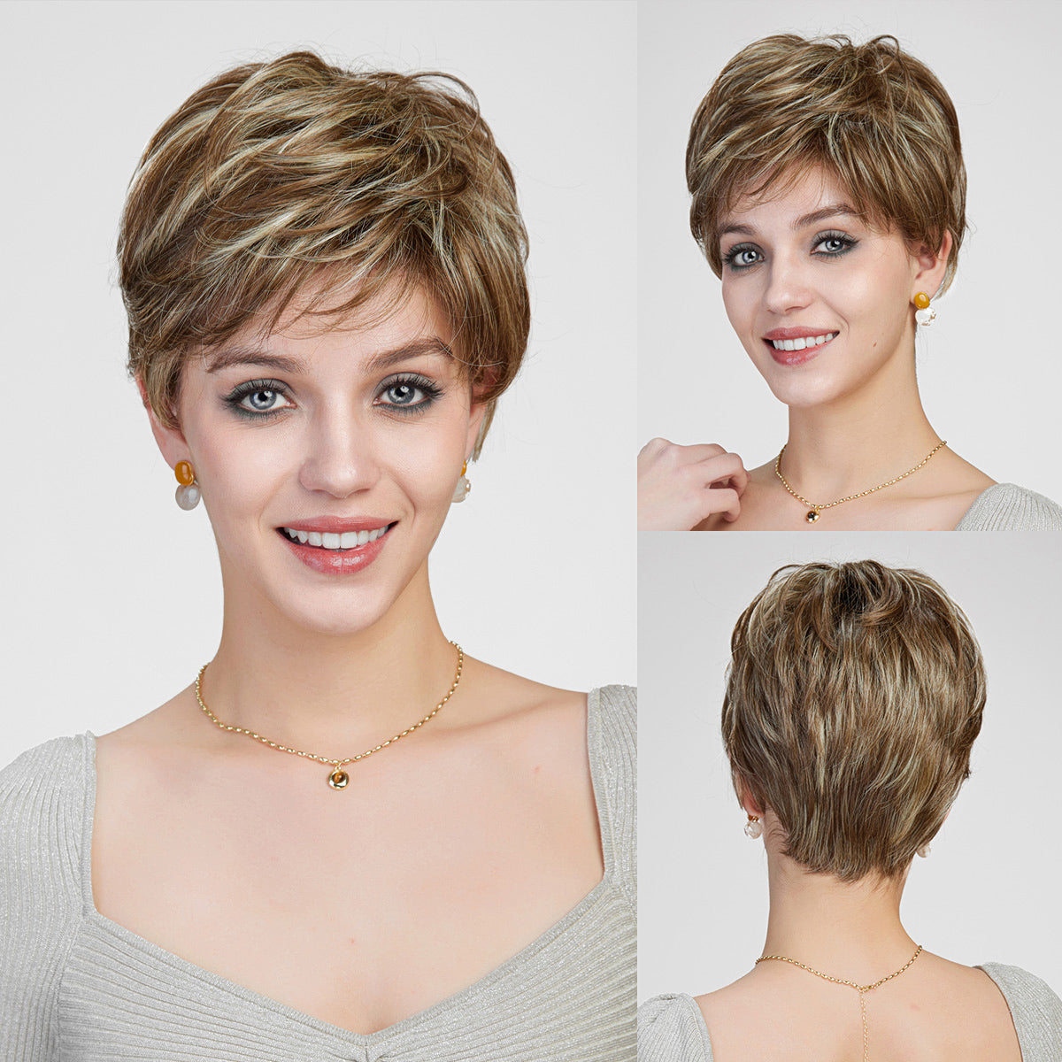 Bella-DWY Mono Lace Front Free Part Ash Brown Short Pixie Synthetic Wig