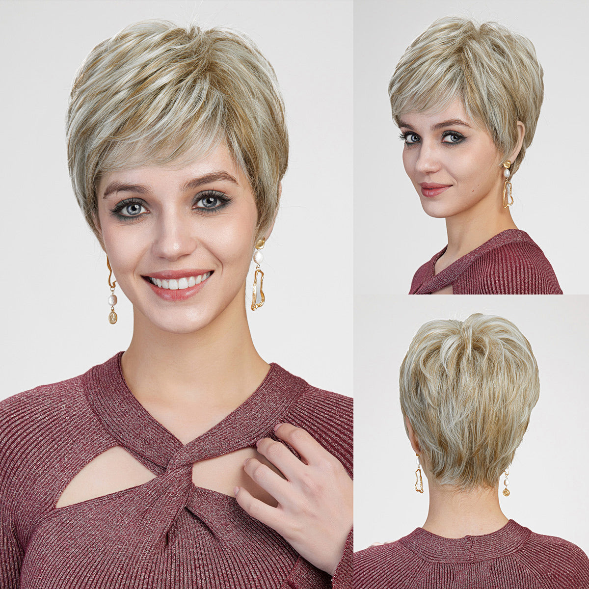 A three-panel studio photo of a smiling woman against a grey background, modeling a short, layered blonde pixie wig.