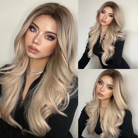 Long curly wigs black ombre blonde with middle bangs wigs for women for daily life LC307-1