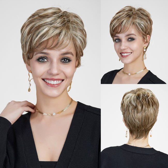 Anna-DWY Mono Lace Front Free Part Balayage Brown With Blonde Pixie Synthetic Wig