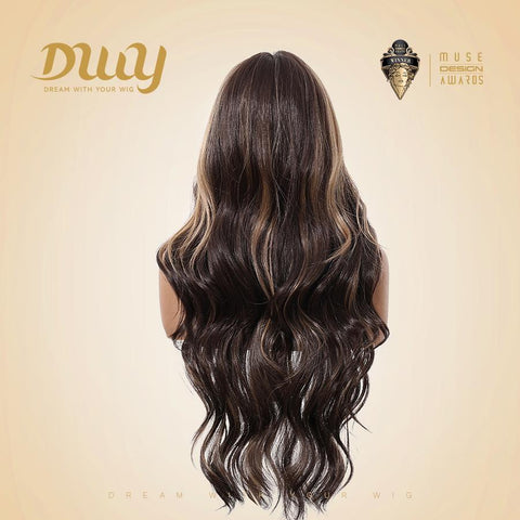 Espresso-DWY 28-Inch Lace Front Wig: Wavy Dark Brown with Highlights - Glueless Free Part Style