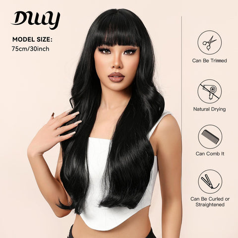 [Adr] DWY 30 Inches Long Curly Black Wigs with Bangs Synthetic Wigs Women's Wigs for Daily or Cosplay Use WL1113-2