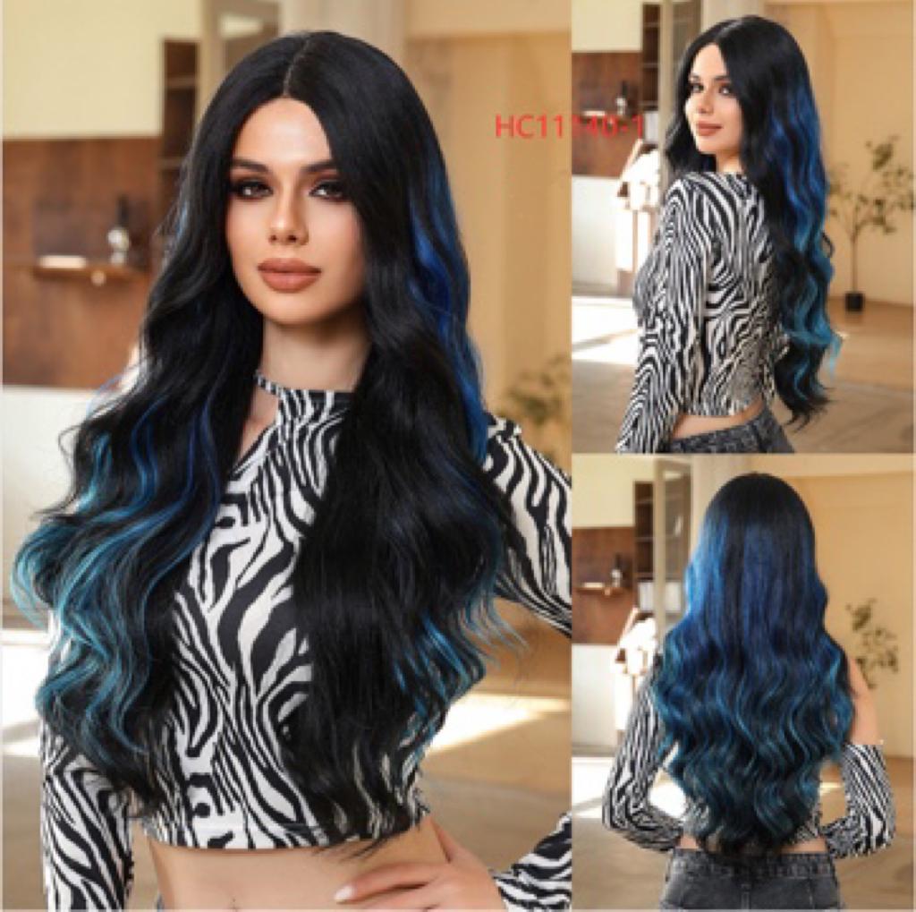 DWY 26-Inch Long Black Wavy Wig with Blue Highlights – Synthetic Heat-Resistant Curly Wig for Stylish Daily Wear and Parties HC11140-1