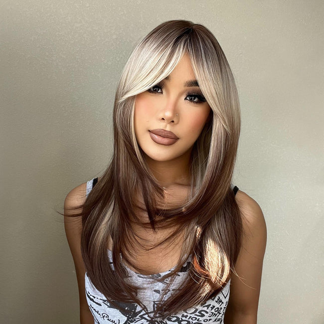 (Us Only)Aaliyah-DWY Ombre Brown With Blonde Long Wavy Synthetic Wig With Side Bangs