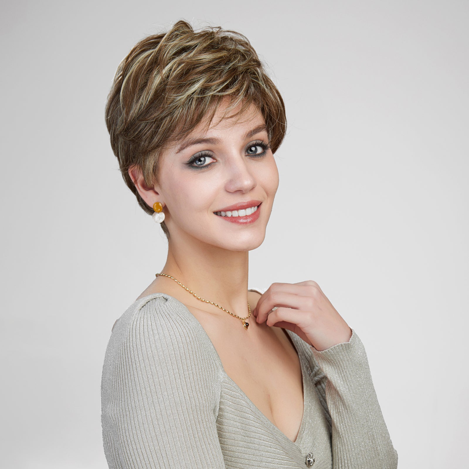 Bella-DWY Mono Lace Front Free Part Ash Brown Short Pixie Synthetic Wig