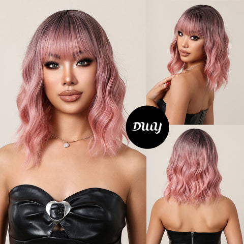 Ava-DWY Ombre Pink Curly Synthetic Wigs With Bangs