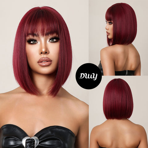 12 Inches Short Straight Wine Red Bobo Wigs Synthetic Fiber Wigs Women's Wigs Daily Use for Party or Cosplay Photos LC2071-1