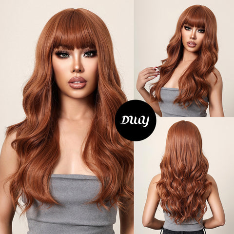 22 Inches Long Curly Brown Wigs with Bangs Synthetic Wigs Women's Wigs for Daily Use,Cosplay or Party Taking Photos LC034-1
