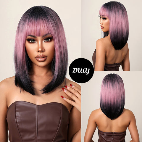 16 Inches Long Straight Pink Gradient Black Wigs with Bangs Synthetic Wigs Women's Wigs for Daily Use Party or Cosplay Taking Photos WL1121-1