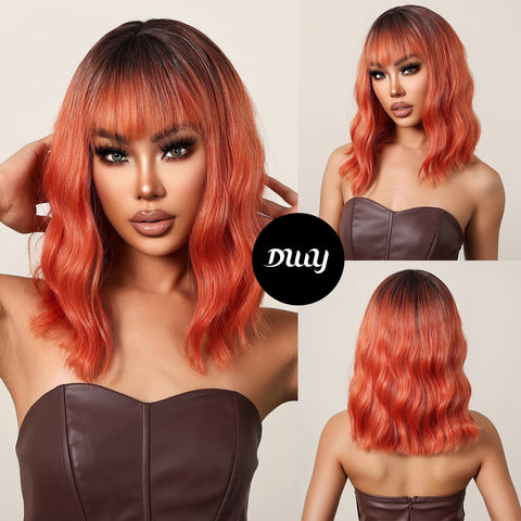 18 Inches Long Curly Red Wigs with Bnags and Black Roots Synthetic Wigs Women's Wigs for Daily or Cosplay Use LC2013-1