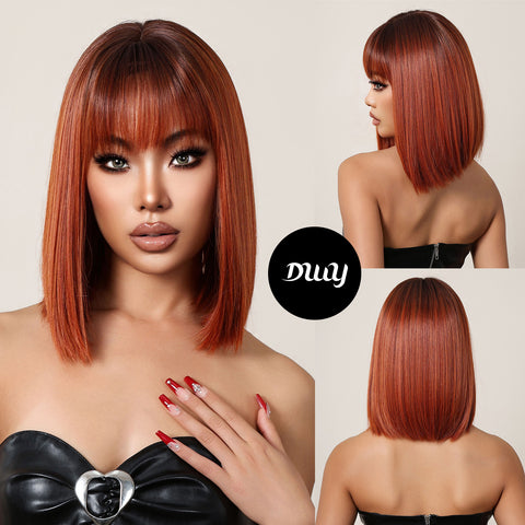 14 Inches Long Straight Orange and Black Roots Synthetic Wigs with Bangs Women's Wigs for Daily or Cosplay Use LC2067-2