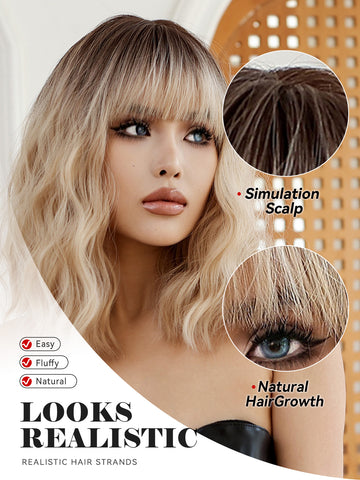 【Year End Sale】Dwy Chestnut Brown Wavy Bangs Synthetic Wig