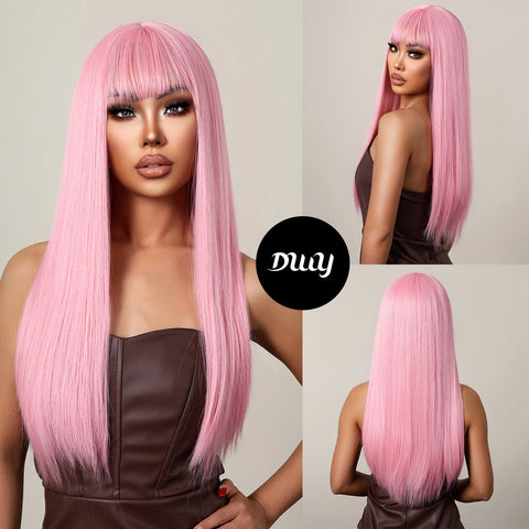 24 Inches Long Straight Pink Wigs with Bangs Women's Wigs for Daily,Party or Cosplay Use WL1092-2