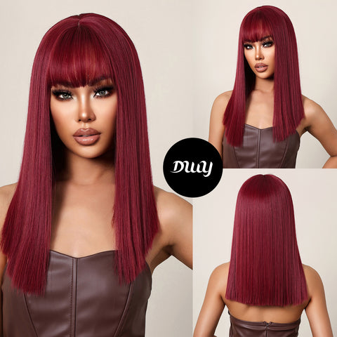 18 Inch Long Straight Wine Red Wigs with Bangs Wigs for Women LC2072-1