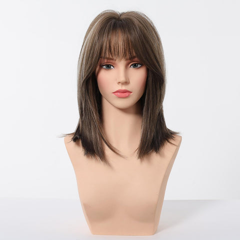 Elysia-DWY 16-Inch Brown Layered Wig with Highlights and Air Bangs - Glueless Synthetic for Women