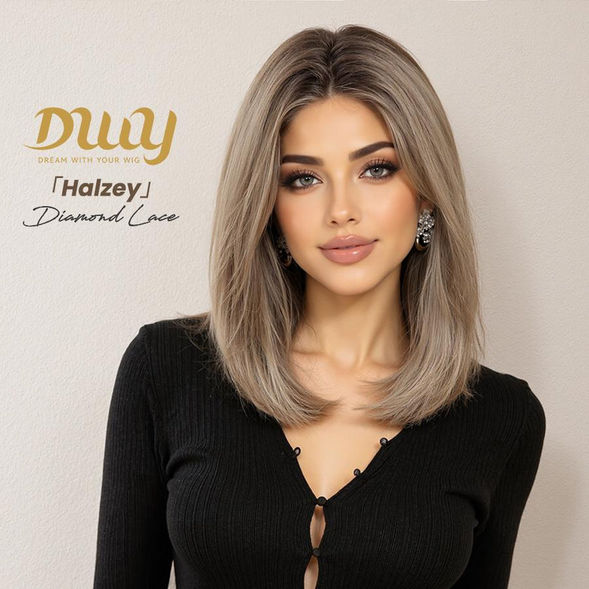 Halzey-DWY Pre cut U part Diamond Lace Icy Bronde Highlights Scandi Hairline BOB Glueless Synthetic Wig 15 Inch