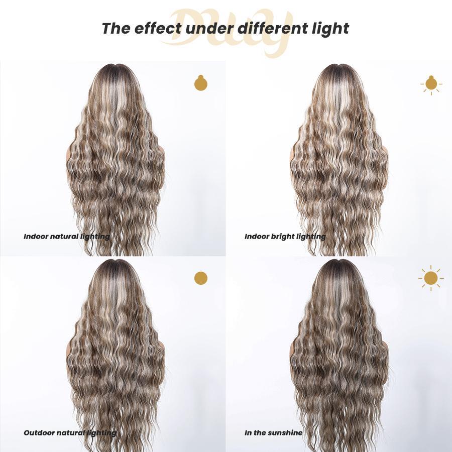 Bess-DWY 28-Inch Filter Lace Long Water Wavy Brown Wig with Highlights