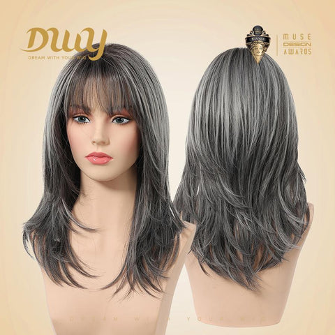 【New in】Ember- 18-Inch MiraScalp Mid-Length Straight Grey Black Wig with Highlights and Bangs