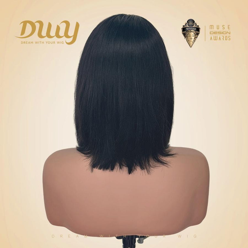 Back view of the DWY Onyx human hair black bob wig on a mannequin, displaying the smooth texture, even cut, and natural volume of the hair.