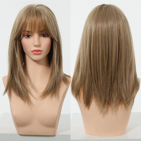 【New in】Zinnia - 16-Inch Tea Brown Mid-Length Layered Straight Wig with Bangs - Glueless Synthetic Hair