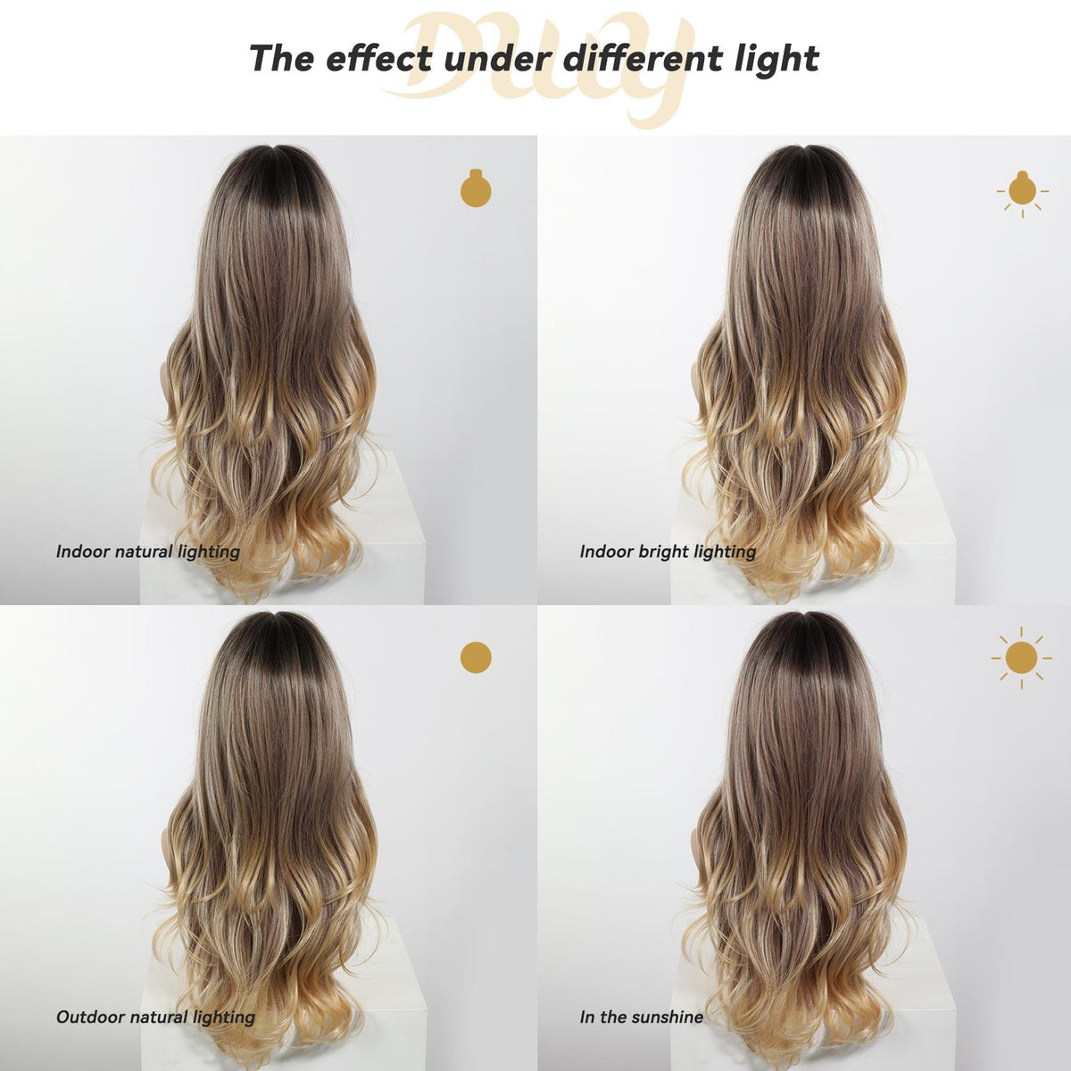 DWY wig back view displayed under four different lighting conditions: indoor natural, indoor bright, outdoor natural, and sunshine.
