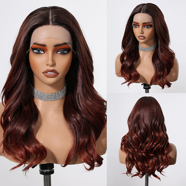 DWY T Part Long Curly Natural Honey Brown With Blonde Highlight Synthetic Wig