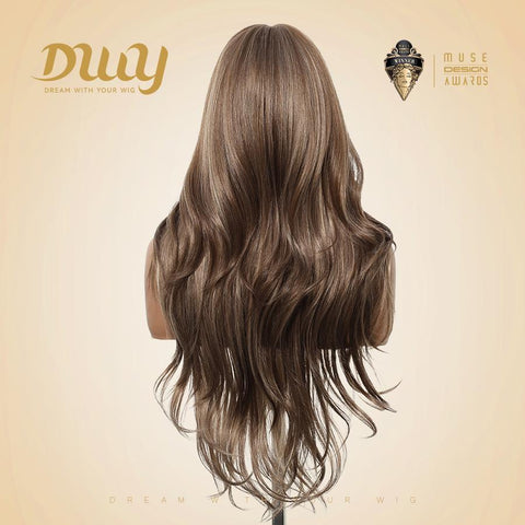 Elara-DWY Long-length Wave Tea Brown Big Scalp Area Glueless Synthetic Wig