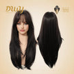 A product showcase image against a soft beige background, featuring two views of the same long, dark brown layered wig with wispy bangs. On the left, a realistic female mannequin head models the front, showing the layered cut and fringe. On the right, the wig's back view is shown on an invisible form, highlighting the length and subtle V-shape. Gold logos for 