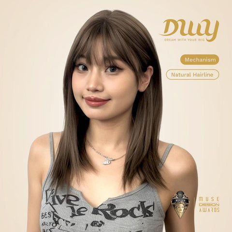 【New in】Zinnia - 16-Inch Tea Brown Mid-Length Layered Straight Wig with Bangs - Glueless Synthetic Hair