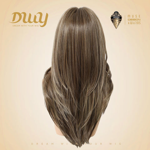 Kimi C-DWY New Technology! Bionic Silk Top 22-Inch Long Wave Light Brown Glueless Synthetic Wig with Bangs for Women High-Quality Premium Fiber Easy Wear Comfortable Fit