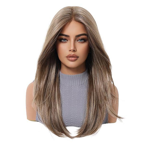 Veronica-DWY 20-Inch Glueless Lace Front Synthetic Wig - Mid-Length Straight Rooted Platinum Blonde
