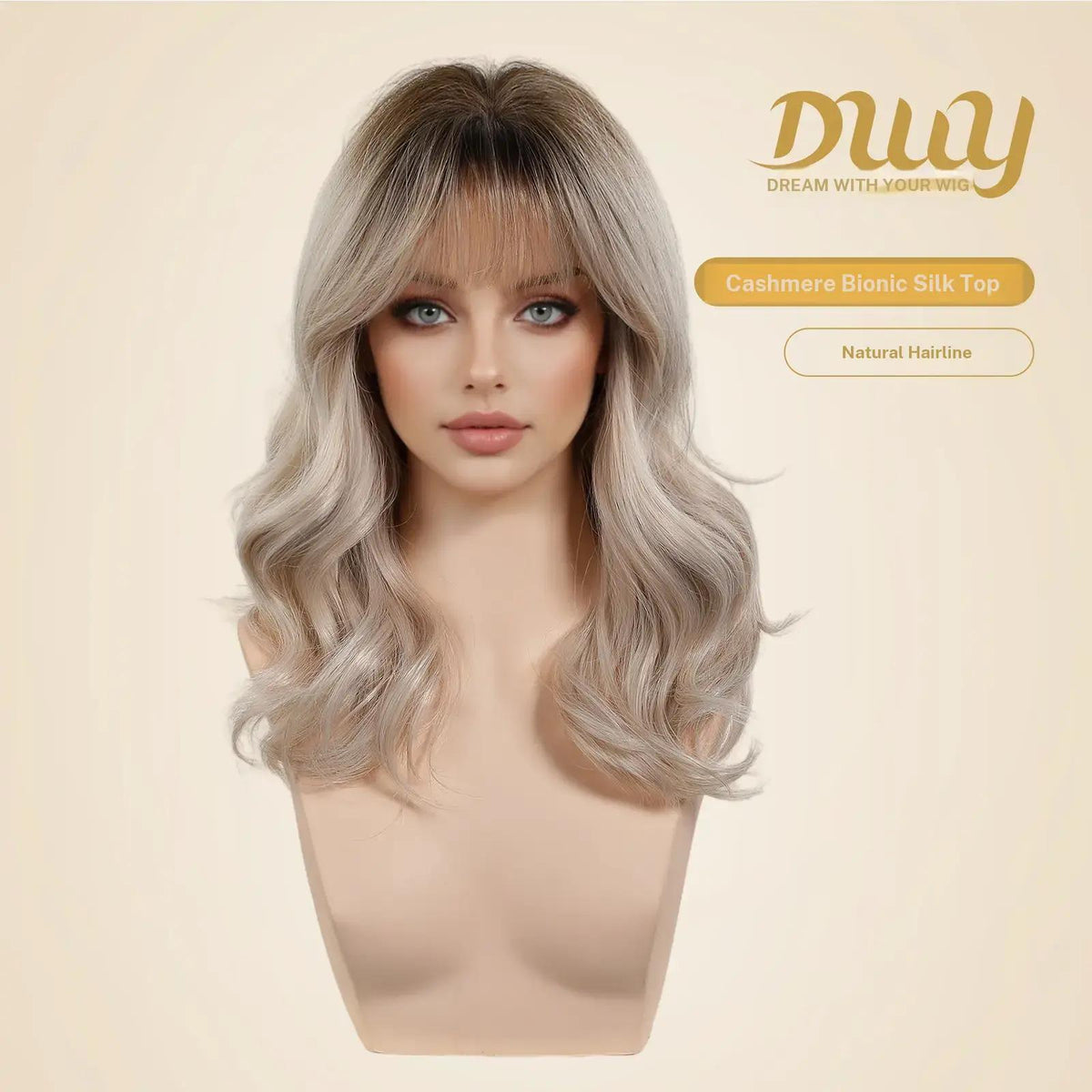 Gwen NEW CRAFT! [GEN4 cashmere Bionic Silky Top] 18 Inch Long Feathered Layerst Blonde With Dark Roots Glueless Synthetic Wig with Bangs for Women High Quality soft texture Easy Wear Comfortable Fit
