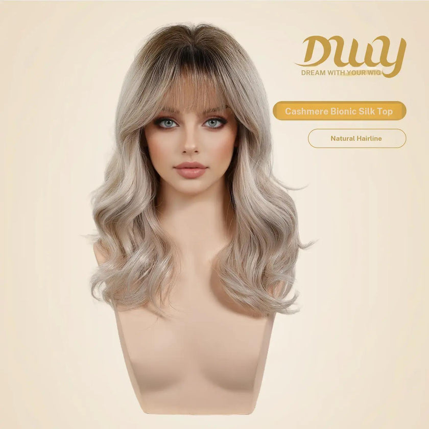 Gwen NEW CRAFT! [GEN4 cashmere Bionic Silky Top] 18 Inch Long Feathered Layerst Blonde With Dark Roots Glueless Synthetic Wig with Bangs for Women High Quality soft texture Easy Wear Comfortable Fit