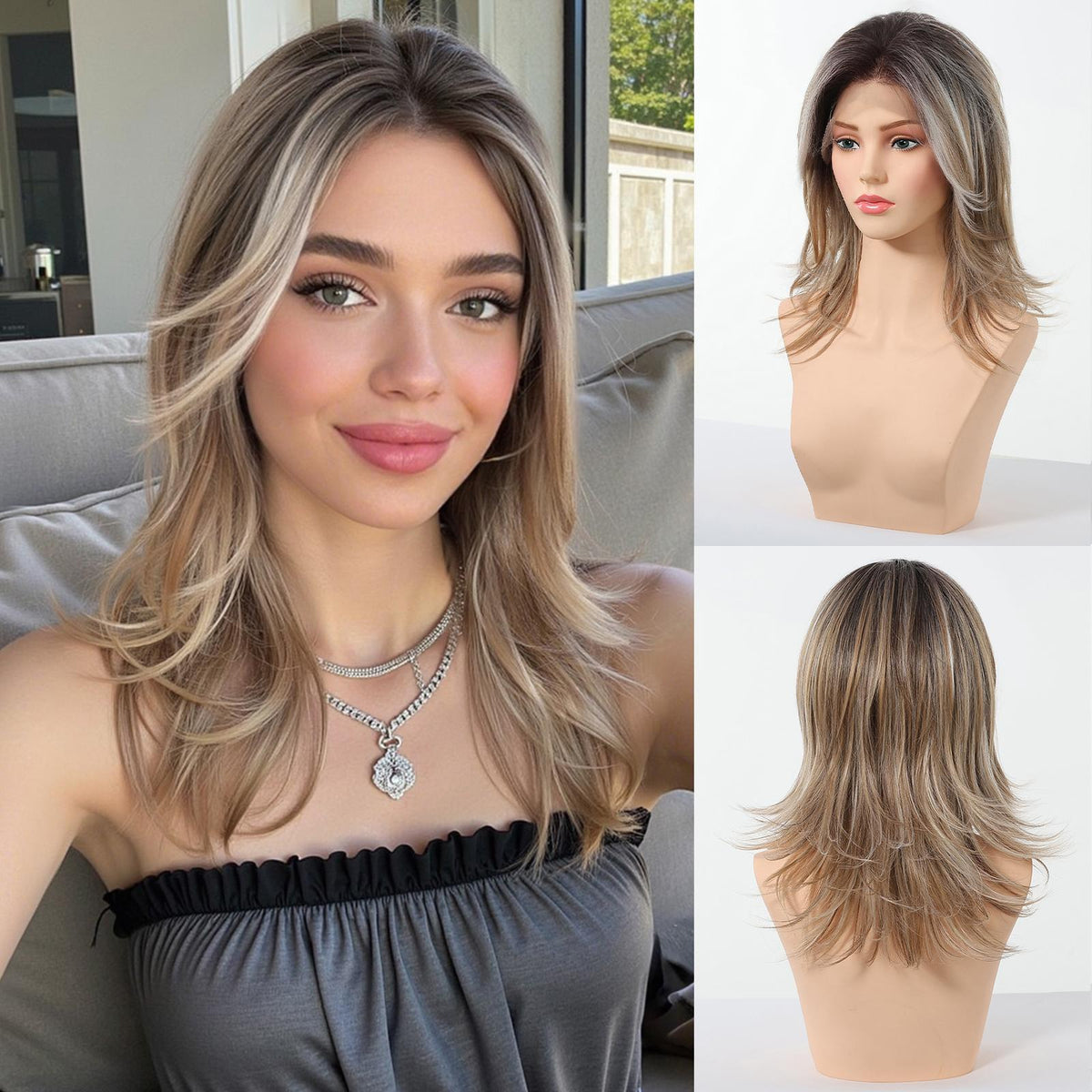 DWY Esther C-DWY 13x4 Filter Lace Front Free Part Mid-Length Layer-cut Brown with Highlights Glueless Synthetic Wig