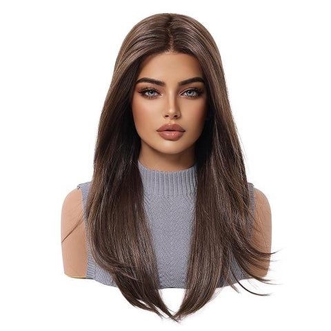 Veronica-DWY 20-Inch Glueless Lace Front Synthetic Wig - Mid-Length Straight Rooted Platinum Blonde