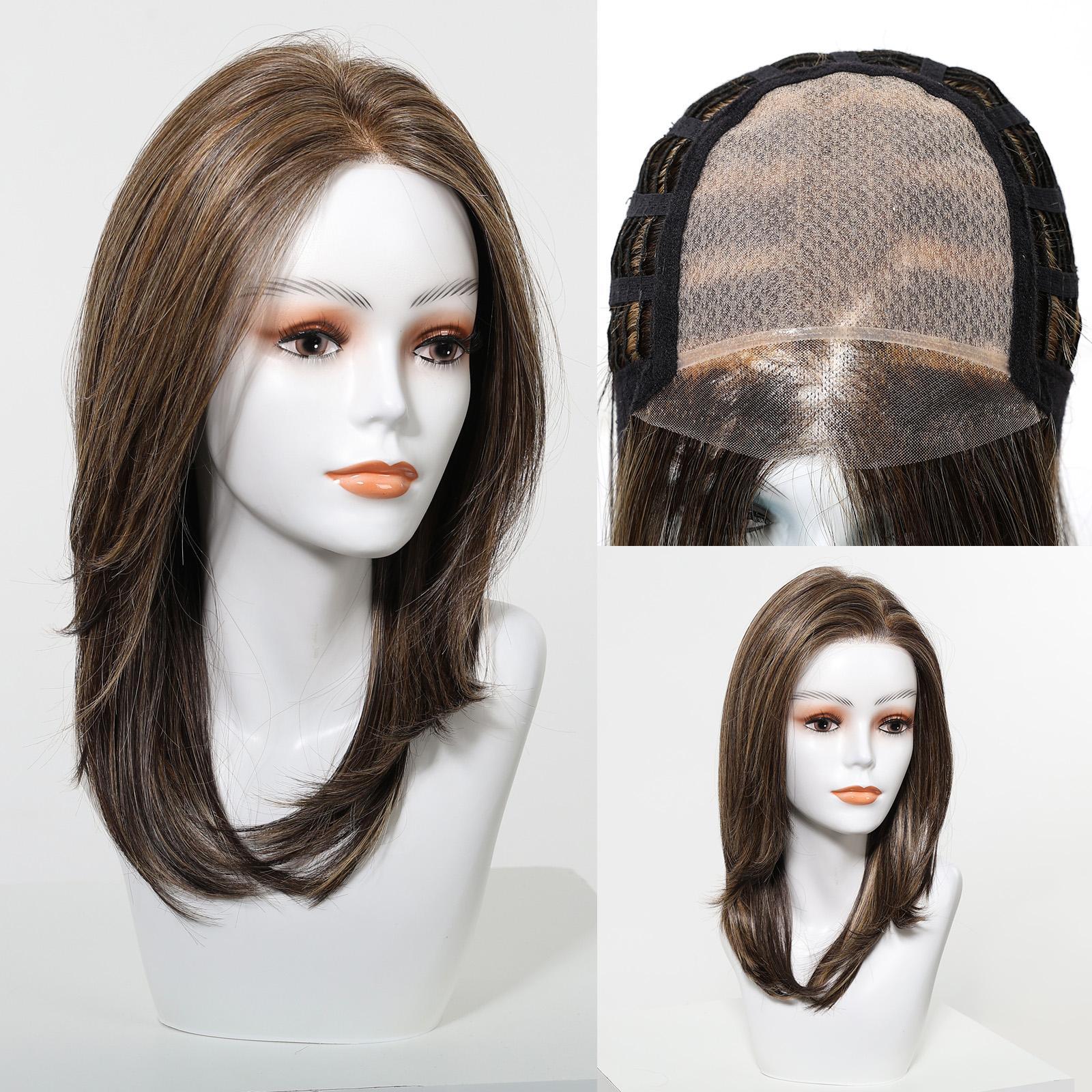 Addison-DWY 16-Inch Glueless Skin Weft Mono Lace Front Synthetic Wig - Mid-Length Brown with Highlights