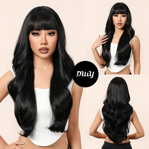 [Adr] DWY 30 Inches Long Curly Black Wigs with Bangs Synthetic Wigs Women's Wigs for Daily or Cosplay Use WL1113-2