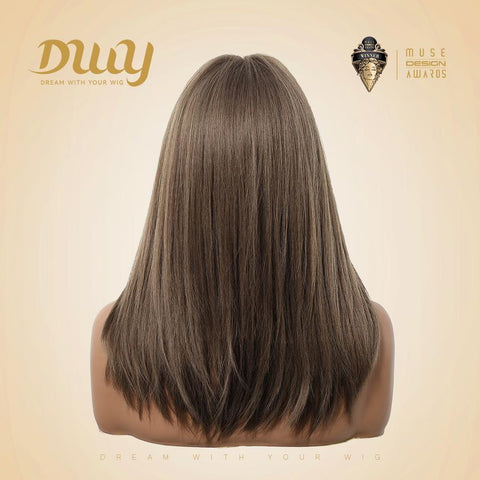 【New in】Zinnia - 16-Inch Tea Brown Mid-Length Layered Straight Wig with Bangs - Glueless Synthetic Hair