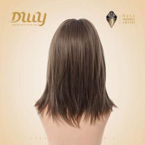Elysia-DWY 16-Inch Brown Layered Wig with Highlights and Air Bangs - Glueless Synthetic for Women