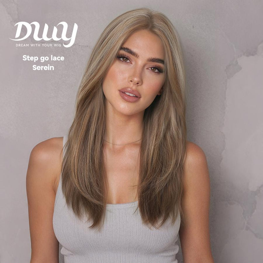 Serein -DWY NEW Step Go Lace Free Part Long-Length Layered Caramel Brown Balayage Glueless Mixed Japanese Fiber Wig for Women 22 Inches