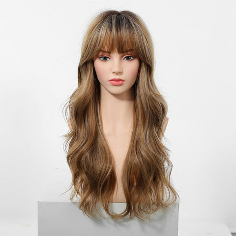 Loni-New Arrival DWY Machine Made Long Wave Light Brown Glueless Synthetic Wig