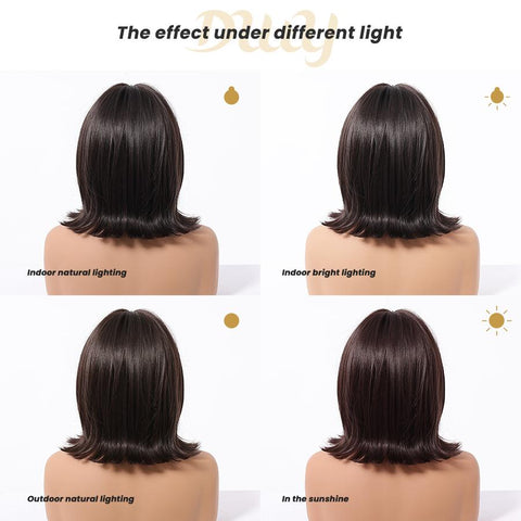 Suki-DWY 12-Inch Glueless Synthetic Wig - Short Reverse Bob with Blunt Bangs in Dark Brown