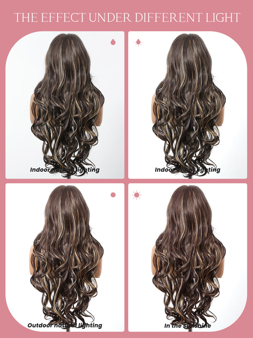 Valentina- New Arrival DWY 13×6 Lace Front Free Part Long-Length Curly Brown with Highlights Glueless Synthetic Wig