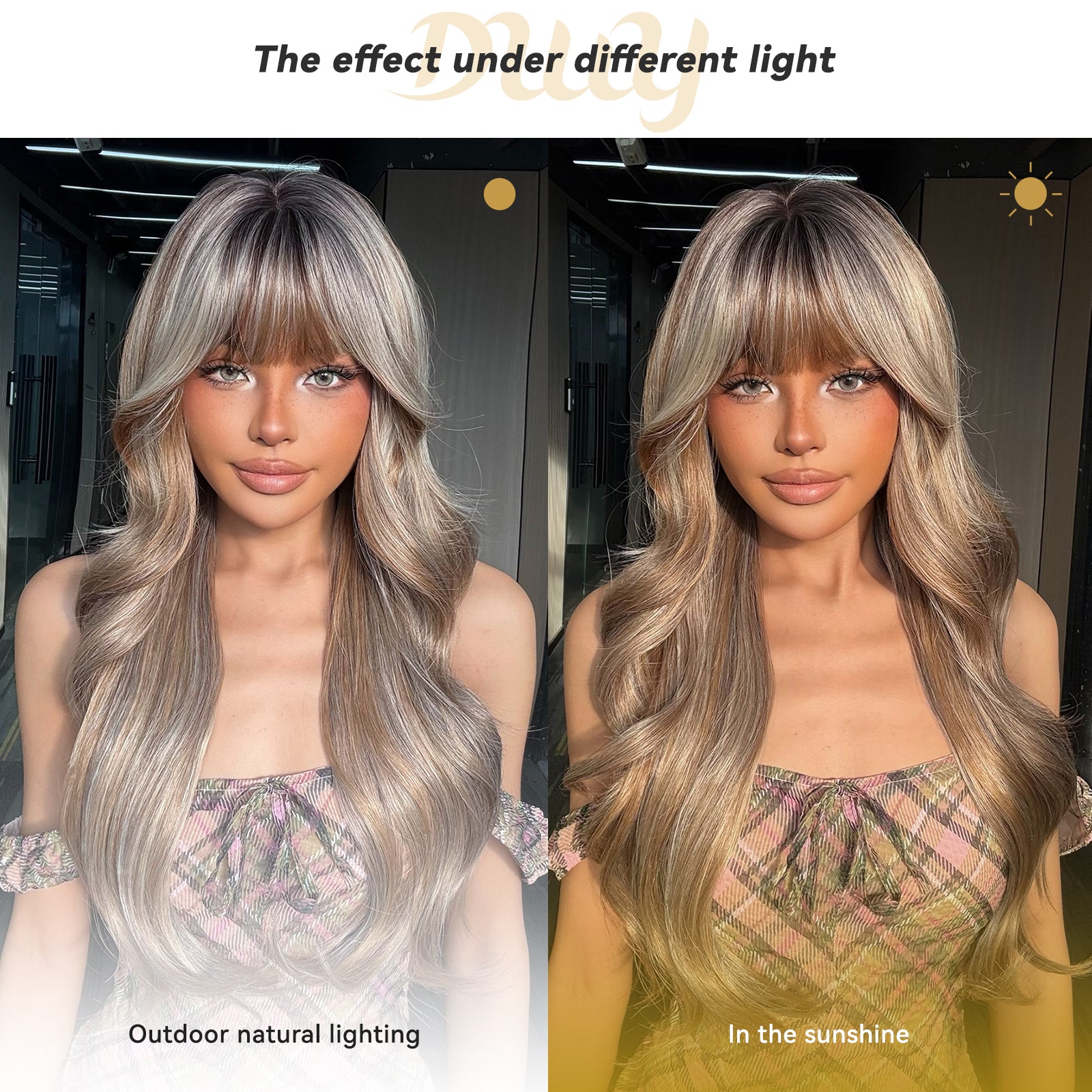 Kaci- New! DWY Bionic Silk Top 26-Inch Long Beachy Wave Honey Brown Balayage Glueless Synthetic Wig with Bangs for Women High-Quality Premium Fiber Easy Wear Comfortable Fit Summer Look